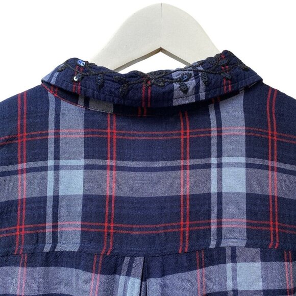 TERRA & SKY Boyfriend Shirt Size 1X Blue Plaid Rayon Button up Embroidered Colla - Picture 4 of 10
